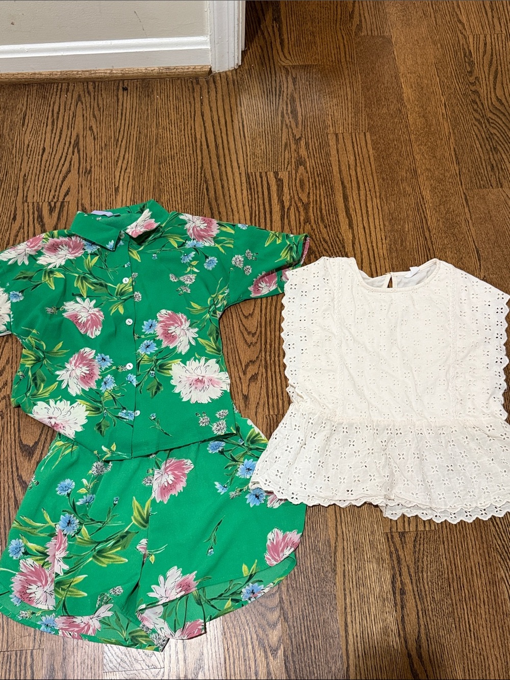 Green Floral Girls' Short Set & White Eyelet Top - Kids Shirts & Tops